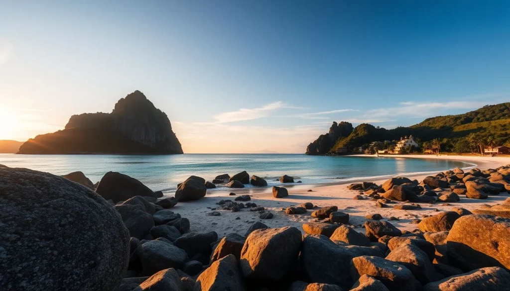 A golden-hour beach scene with large foreground boulders, calm turquoise water, a dramatic jagged limestone headland, and a