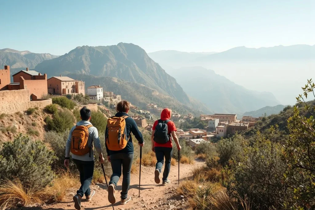 Three hikers with backpacks and trekking poles walk down a mountain trail toward an earthen Atlas village, with steep rugged