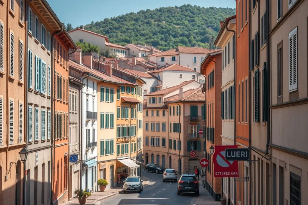 A sunlit European hillside neighbourhood with closely packed pastel buildings, terracotta roofs, shuttered windows, parked
