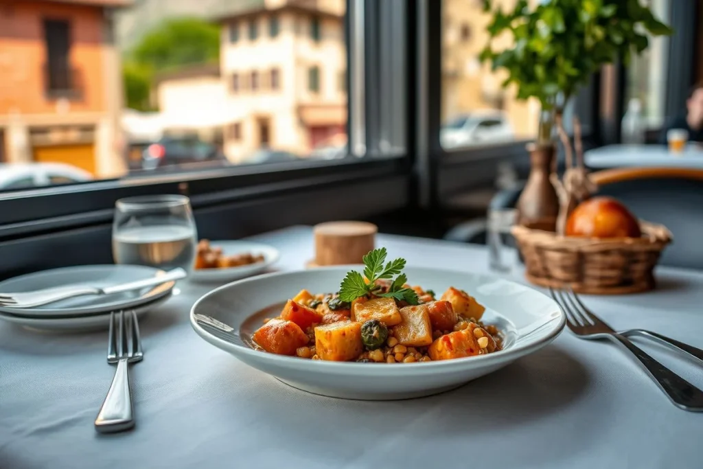A plated orange vegetable-and-legume dish sits on a white tablecloth in a softly lit restaurant beside a window overlooking