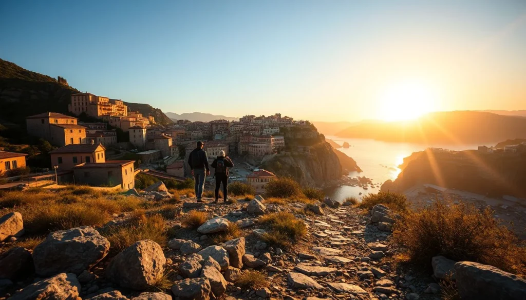 A rocky hillside overlooks a densely built coastal settlement and a sunlit bay at golden hour, with two hikers in the