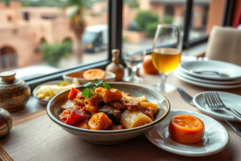 A close-up of a richly plated mixed vegetable and meat dish on a dining table beside Moroccan-style pottery, with a softly