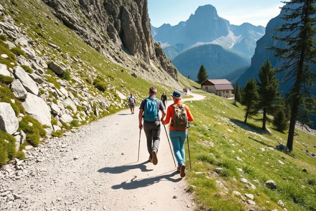 Two hikers with trekking poles walk along a mountain trail toward a small alpine building, with steep rocky slopes, conifer