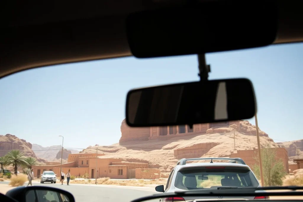 A view from inside a vehicle on a road in Petra, Jordan, with sandstone cliffs and a partly obscured rock-cut facade, nearby