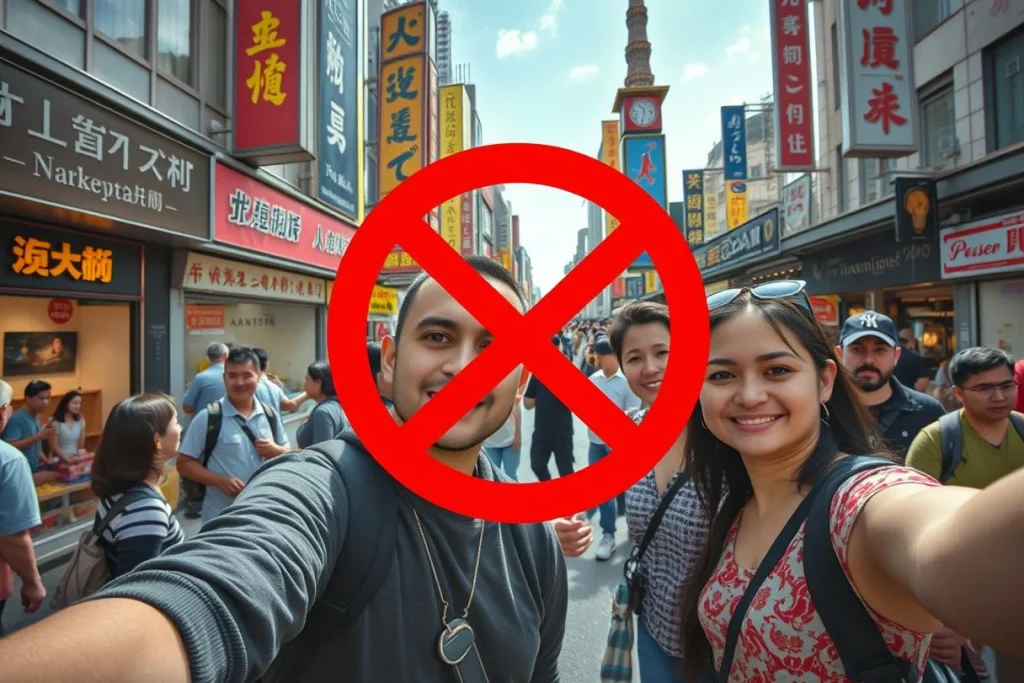 A crowded commercial street in an East Asian city shows several tourists taking a selfie, dense shop signage, and a large