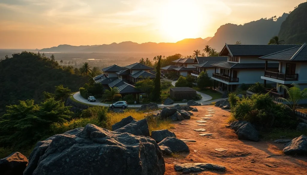 A golden-hour view over a tropical Thai-style hillside resort, with dark tiled villas, winding access roads, palm trees