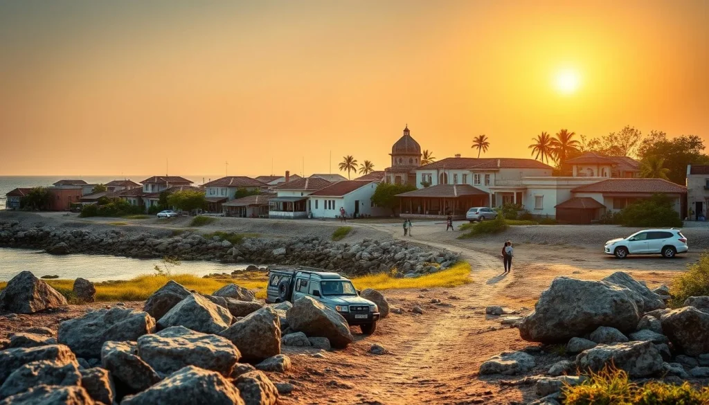 A rocky Zanzibar shoreline at golden hour faces a low-rise coastal settlement with palm trees, several vehicles