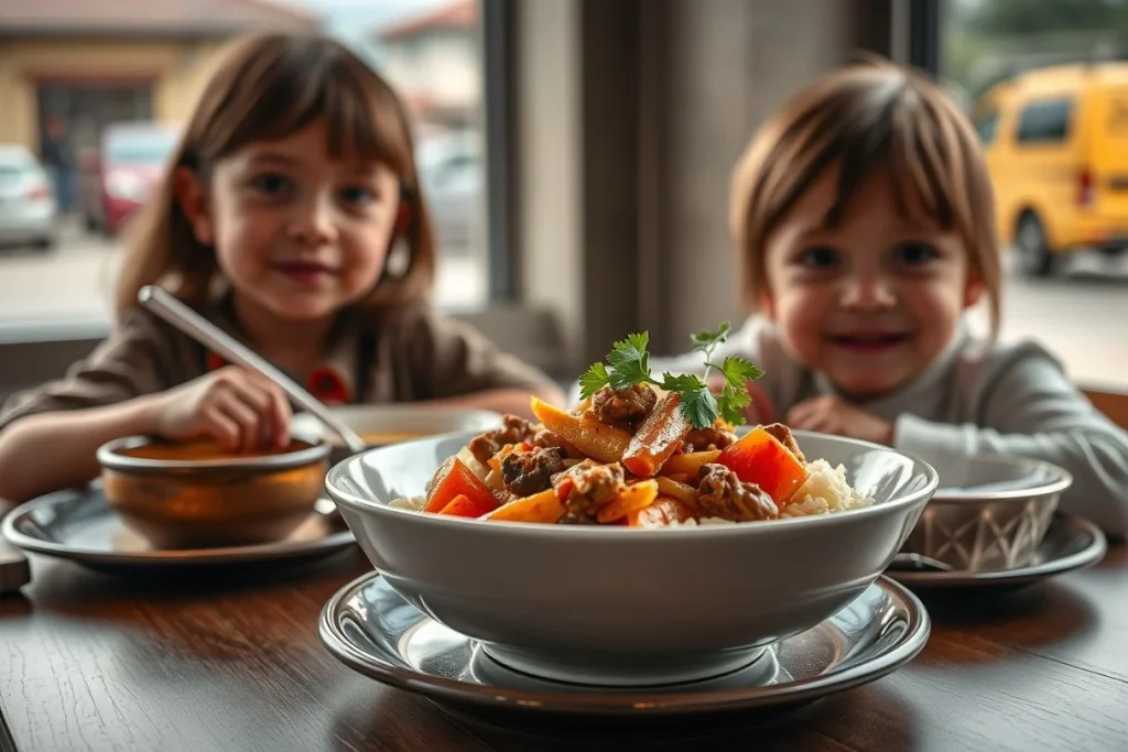 Two preschool-aged children sit at a table behind a large bowl of rice topped with vegetables and meat, with smaller bowls