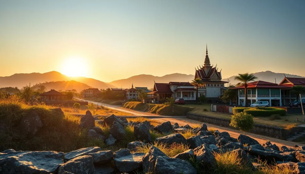 A golden-hour view of a Thai-looking mountain town with a large ornate Buddhist temple, low residential buildings, a dirt