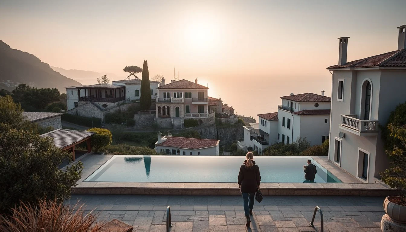 A wide early-morning view from a private villa terrace shows an infinity pool, two distant guests, white Mediterranean-style
