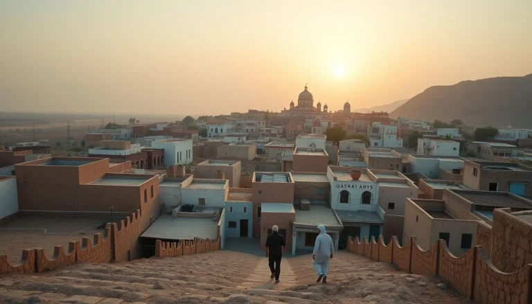A wide sunrise view over a dense earthen-roofed town, with two people walking down a stone path toward a prominent domed