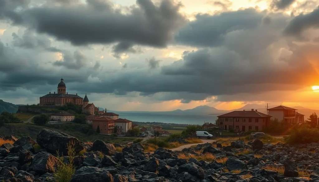 A rocky foreground overlooks a lakeside settlement with a prominent domed church-like building, distant mountains, storm