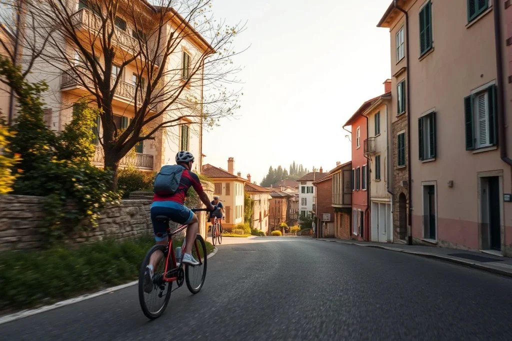 Two cyclists ride touring bicycles down a quiet, sunlit residential street lined with pastel European-style buildings and