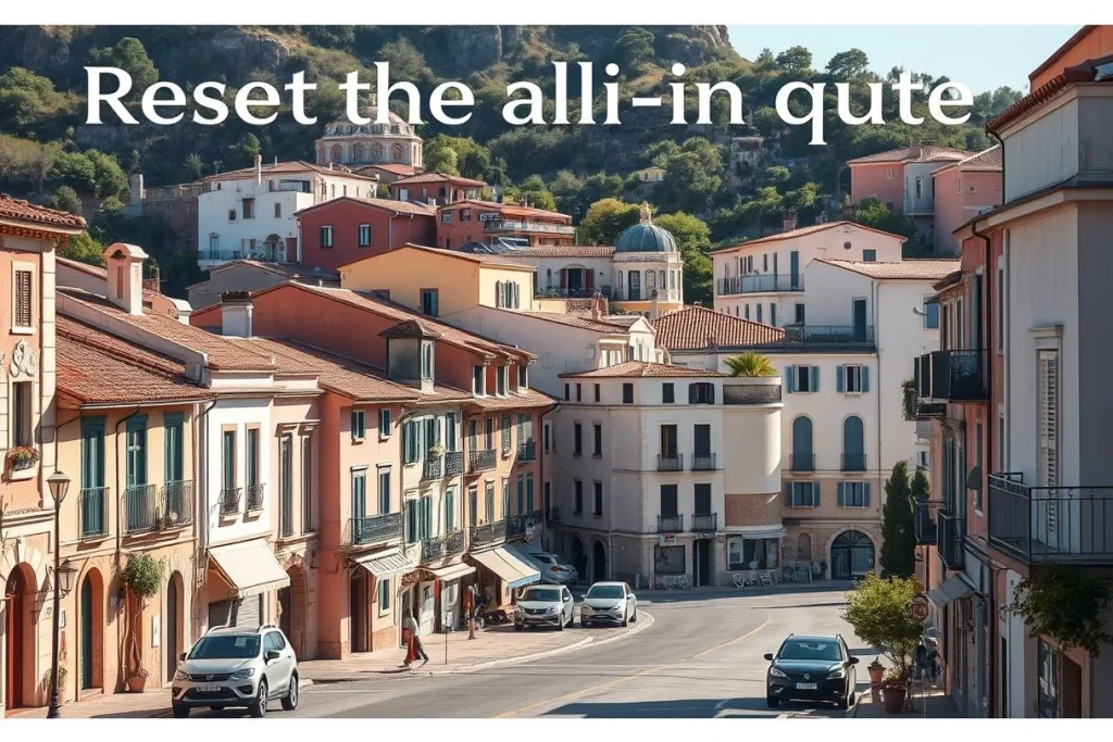 A sunlit Mediterranean-style hillside town with pastel buildings, tiled roofs, parked cars, and a large white headline