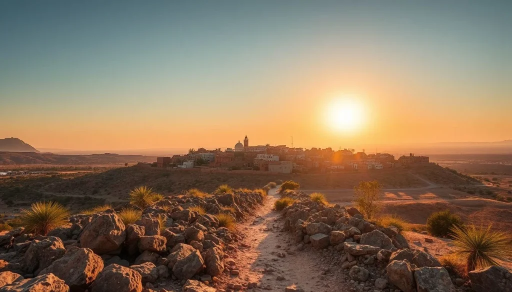 A rocky desert path leads toward a small Moroccan settlement with a mosque and minaret at sunset, with distant mountains and
