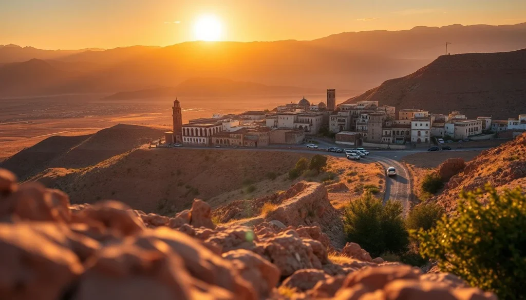 A golden-hour view over an arid Moroccan valley and hillside town, with a mosque minaret, winding paved road, scattered