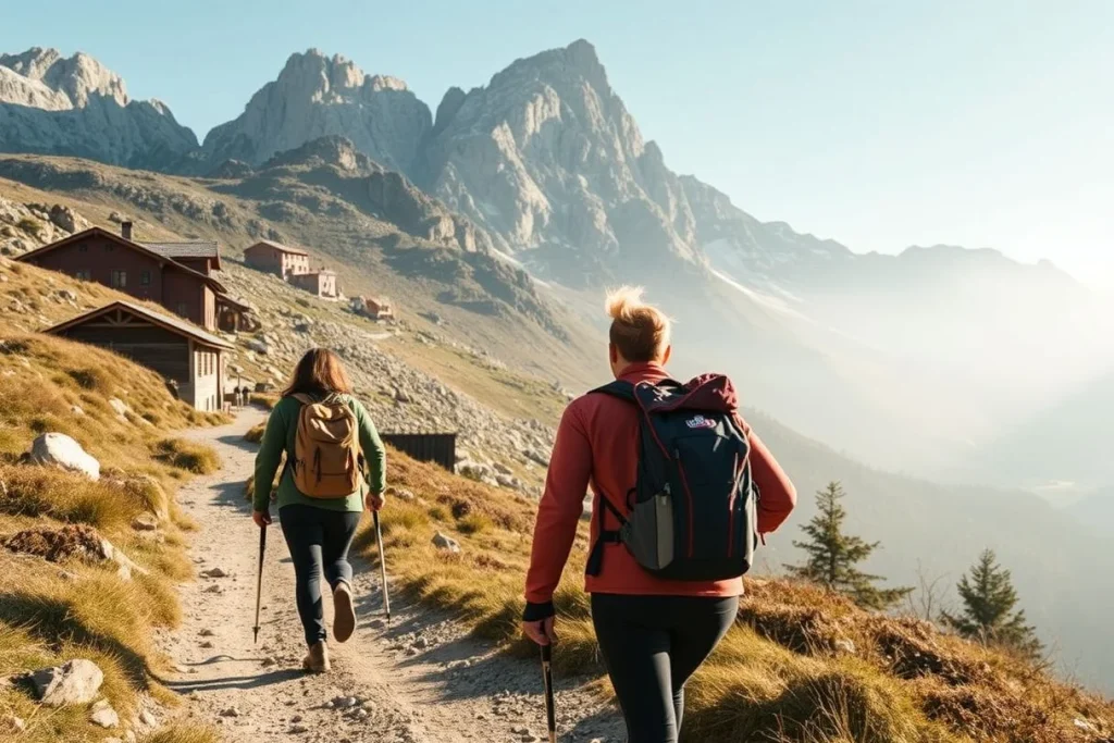 Two hikers with trekking poles walk along a rocky alpine trail past mountain huts beneath dramatic Dolomite peaks in clear