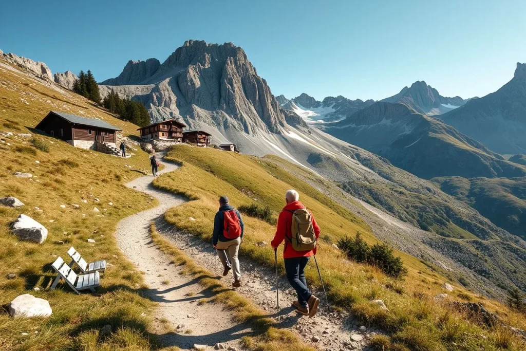 Three hikers walk along a winding mountain trail past rustic alpine huts on a sunlit grassy slope beneath dramatic Dolomite