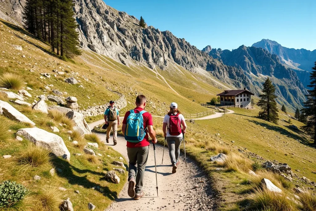 Three hikers walk along a mountain trail toward a rifugio on a sunlit grassy slope beneath dramatic Dolomite peaks in Italy.