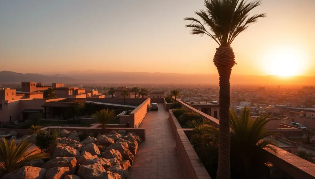 A sunset view from a landscaped Marrakech rooftop terrace shows a tiled walkway, palms, boulders, low-rise buildings, and a