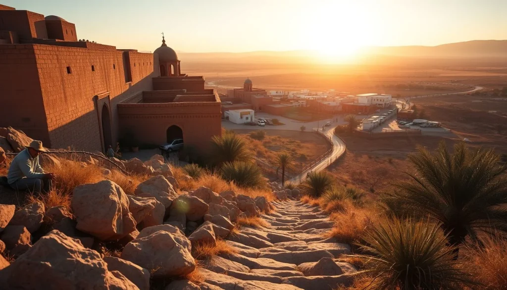A golden-hour view down a rocky path from a fortified, domed kasbah-like complex toward a sparse arid settlement and broad