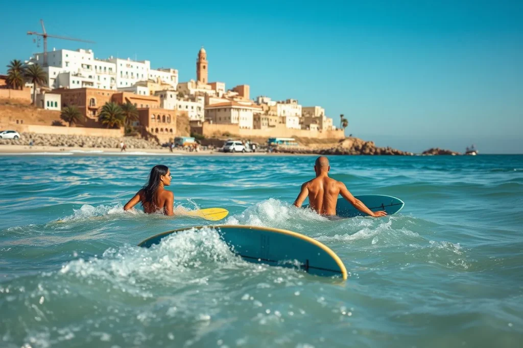 Two people wading with surfboards in bright turquoise sea, with a dense Moroccan-style coastal town, minaret, rocky