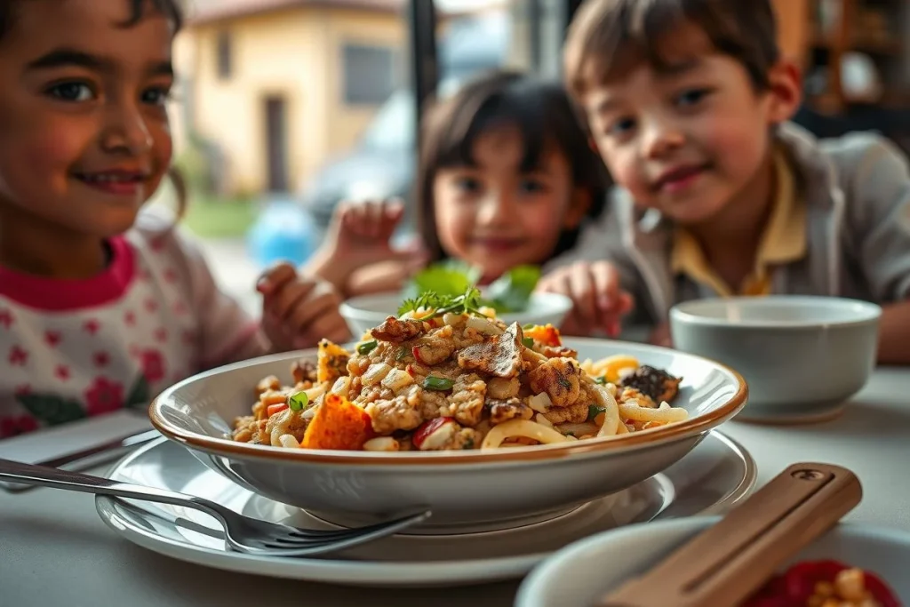 A shallow-focus food photograph shows a large mixed noodle-and-vegetable dish on a dining table, with three young children