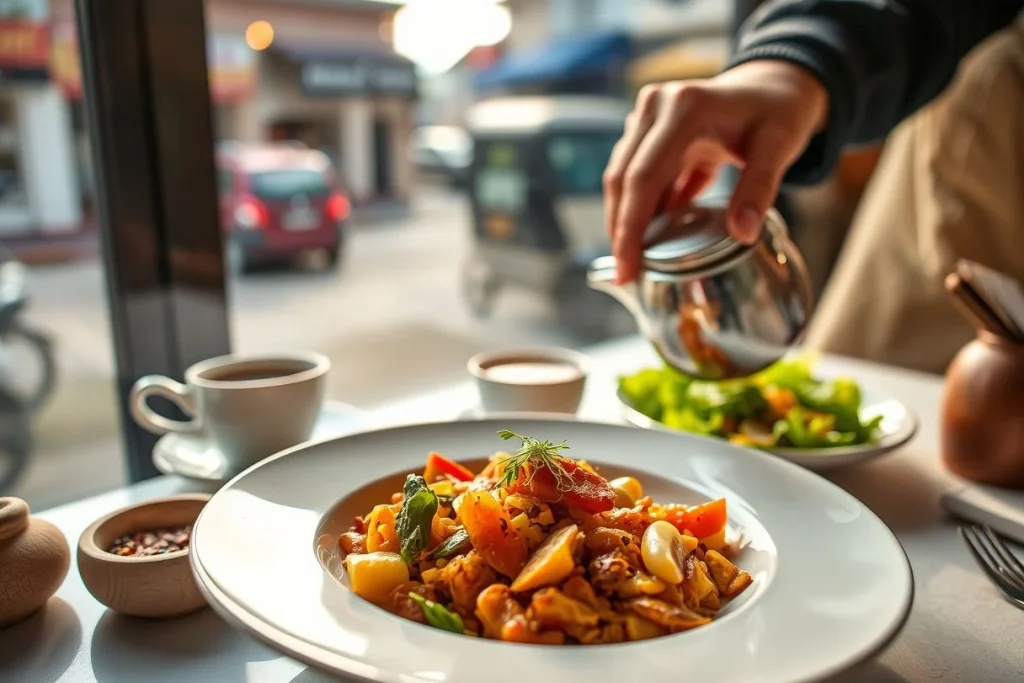 A server pours tea from a polished metal pot beside a colorful plated meal, coffee cups, salad, and condiments at a bright