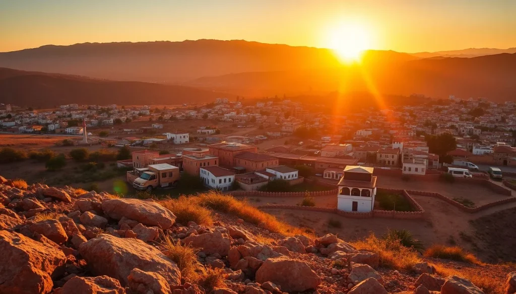 A sprawling low-rise town sits in an arid valley beneath rugged mountains, viewed over sunlit foreground rocks during a