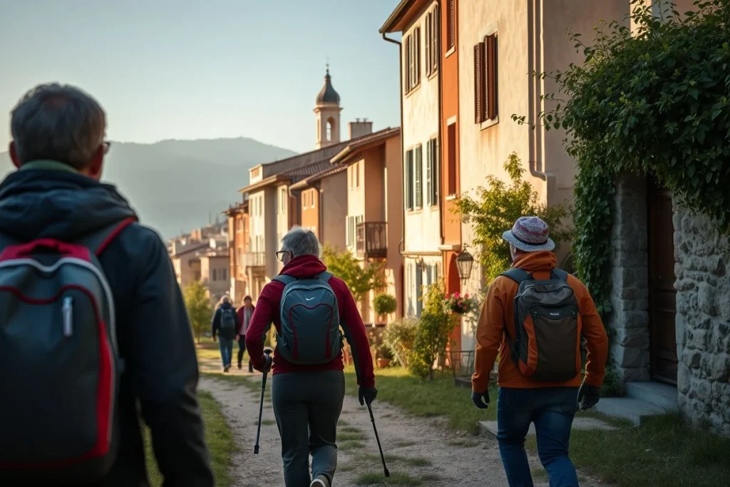 Three hikers with backpacks walk along a narrow path through a sunlit historic village, with a generic church bell tower and