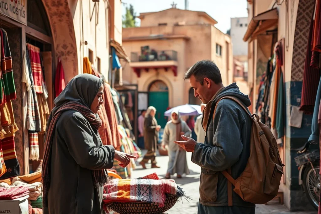 Two people bargain over a folded woven textile in a colorful Moroccan souk, with stalls and a sunlit medina lane behind them.