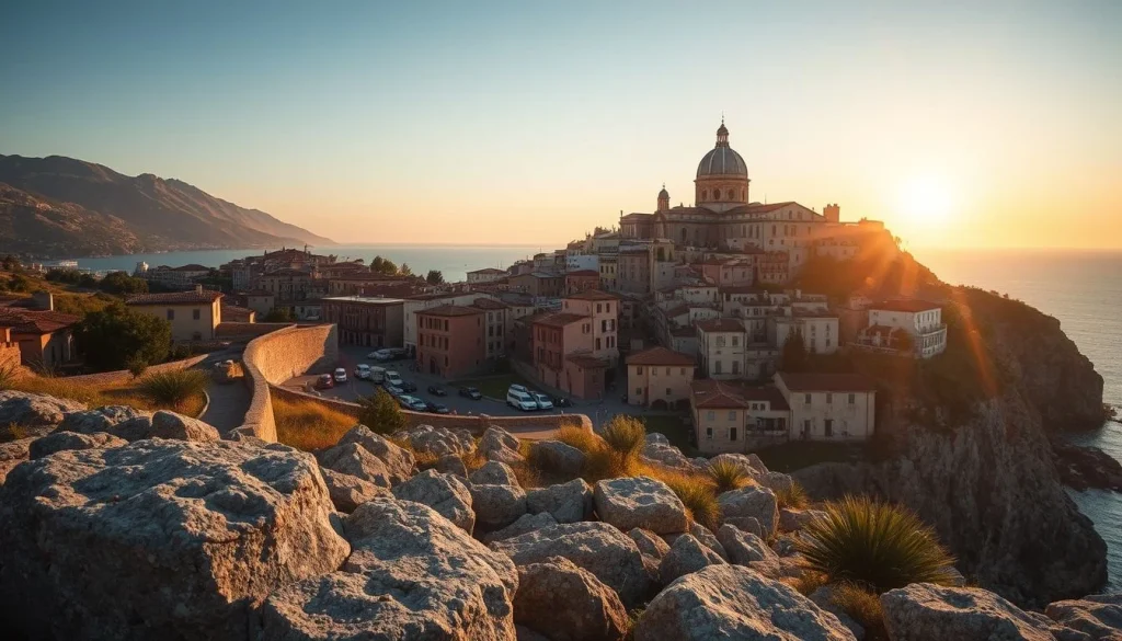 A golden-hour view from rocky foreground terrain over a dense Italian-looking coastal town on a steep cliff, dominated by a