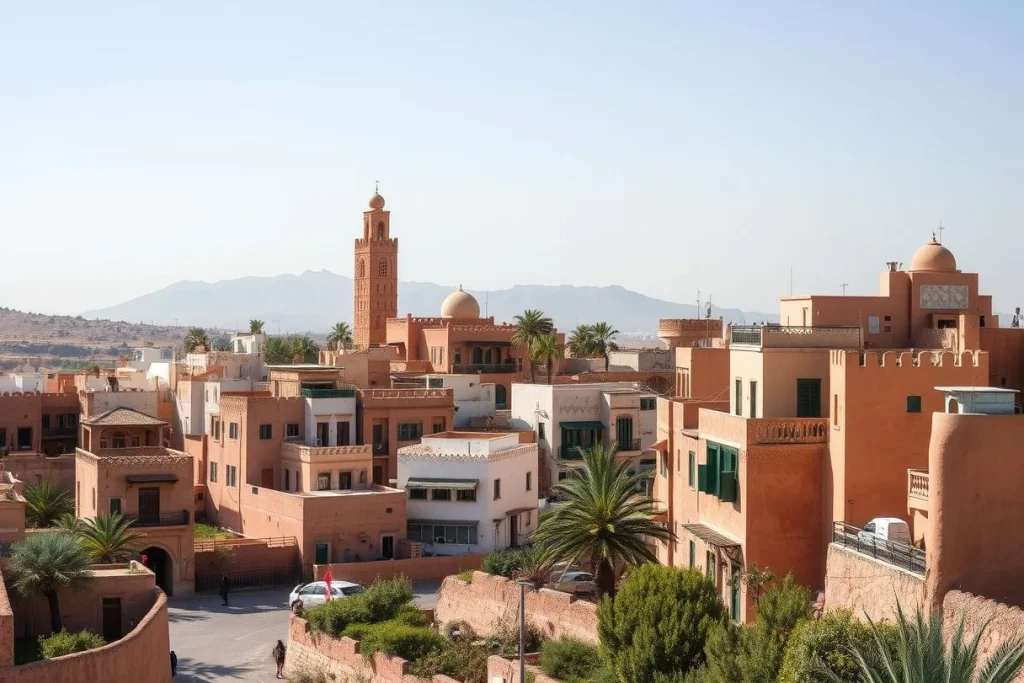 A sunlit Moroccan town of terracotta and white buildings with palm trees, a square mosque minaret, and hazy mountains in the