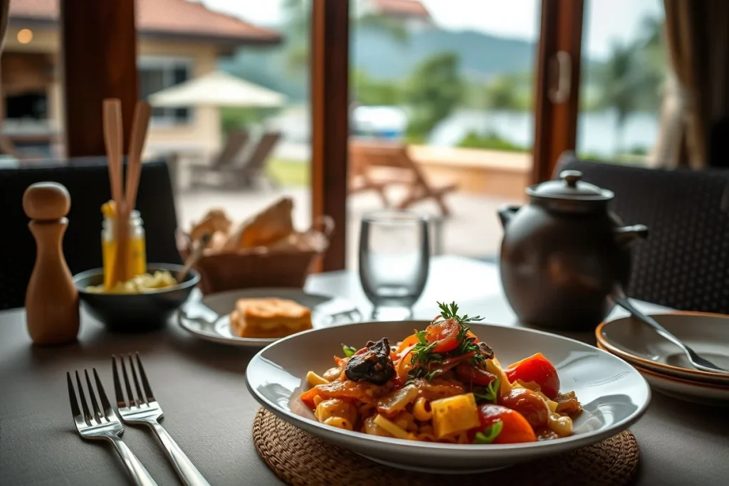 A plated pasta meal is arranged on a dining table inside a villa, with a teapot, bread, utensils and a blurred pool, patio