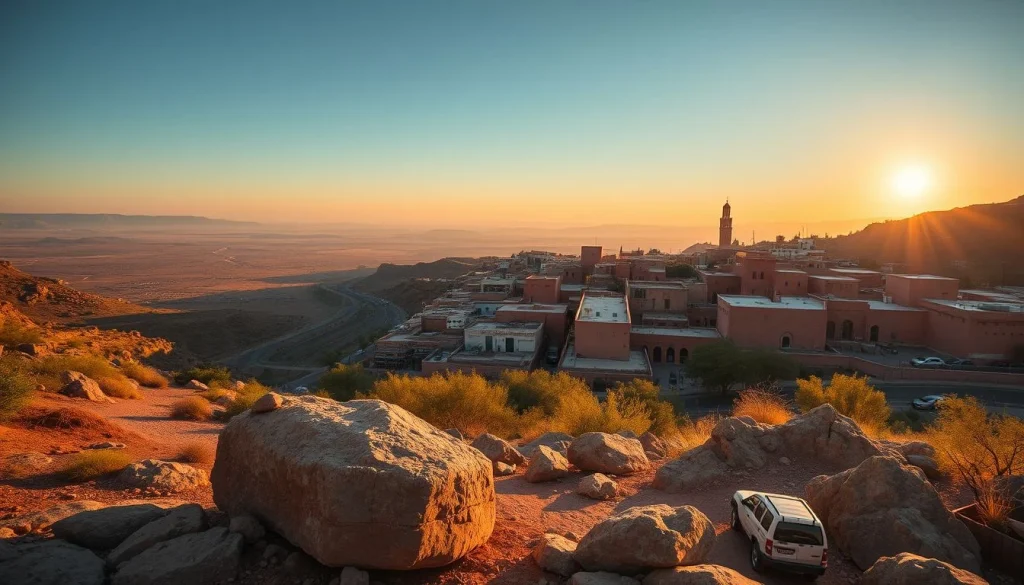 A rocky foreground overlooks a sunlit Moroccan hillside settlement, a winding road, and a vast hazy desert plateau at golden