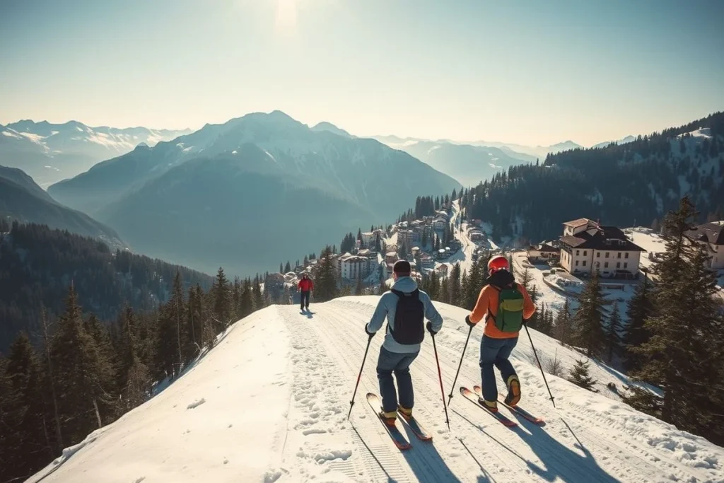 Two skiers viewed from behind descend a snowy mountain trail above an alpine resort village, with forested slopes and high
