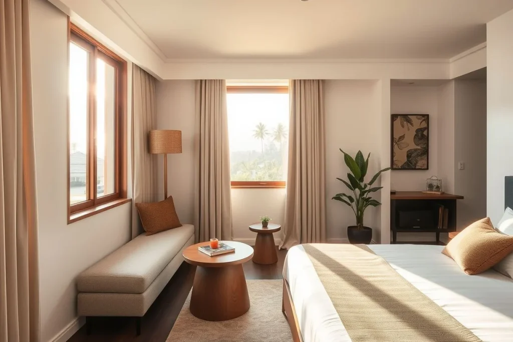 A warm, modern hotel bedroom and sitting area with a sofa, coffee table, bed, indoor plant, framed artwork, and palm trees