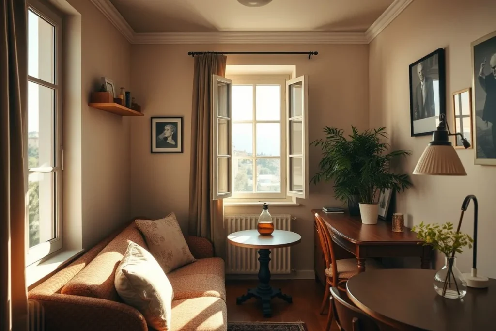 A warmly lit, unoccupied European-style hotel sitting room with a sofa, writing desk, framed artwork, houseplants, and tall