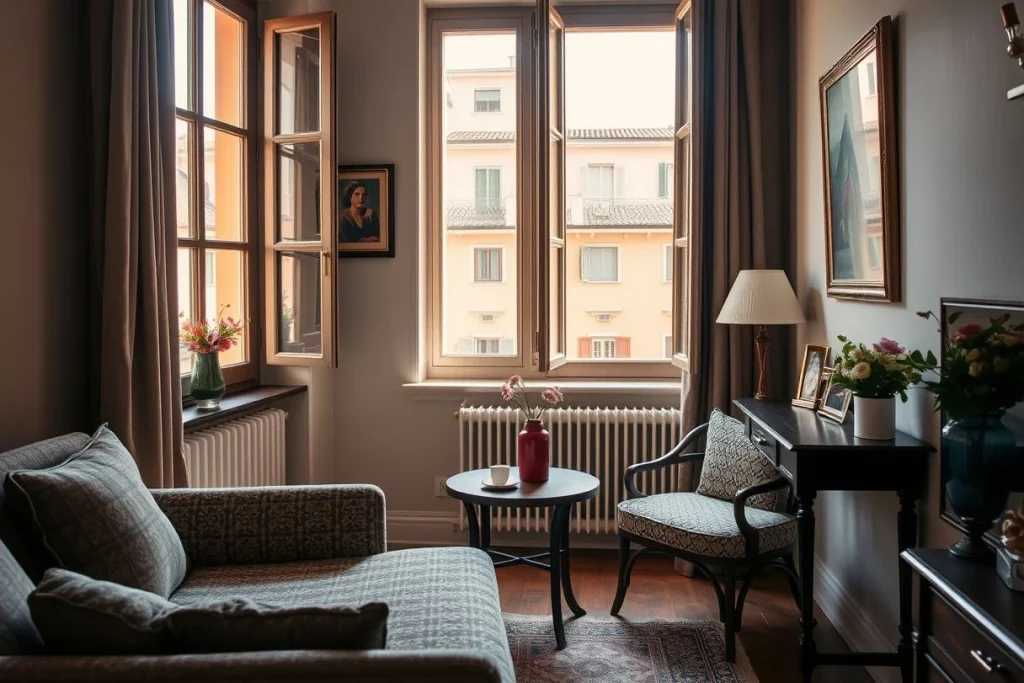 A warm, unoccupied hotel sitting room with patterned seating, flowers, framed artwork, and tall open windows overlooking a