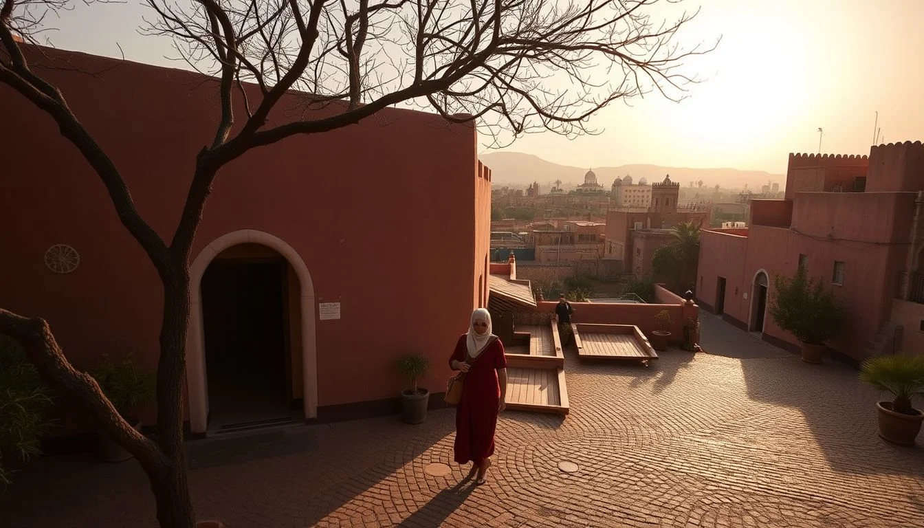 A warm, wide rooftop view over Marrakech’s ochre buildings, with a tree-shaded courtyard in the foreground, a woman walking