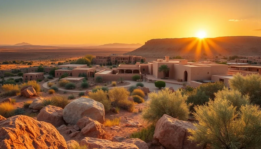 A warm golden-hour view over an earthen Moroccan desert settlement with low riad-like buildings, palm trees, shrubs, and