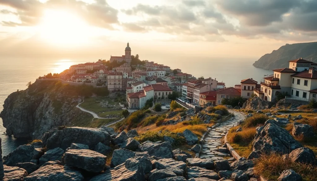A rocky coastal path overlooks a densely built cliffside town with red-roofed buildings and a prominent domed tower at