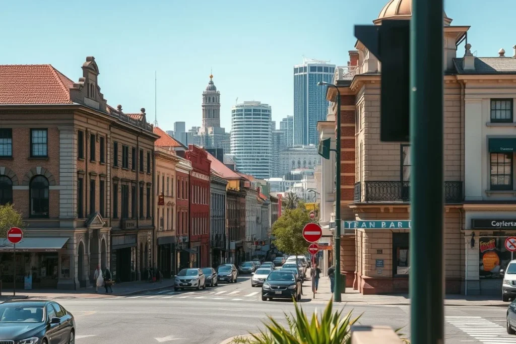 A sunlit urban street lined with historic-looking buildings, cars, pedestrians, and modern high-rises in the distance