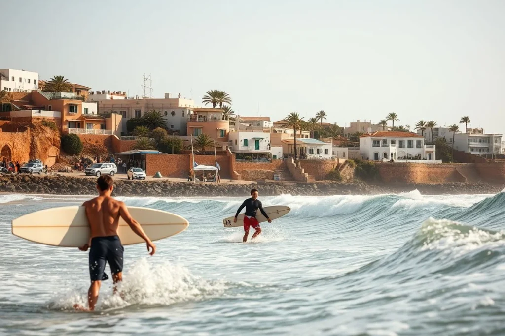 Two surfers carrying boards move through shallow breaking waves in front of a palm-lined Moroccan coastal neighborhood.