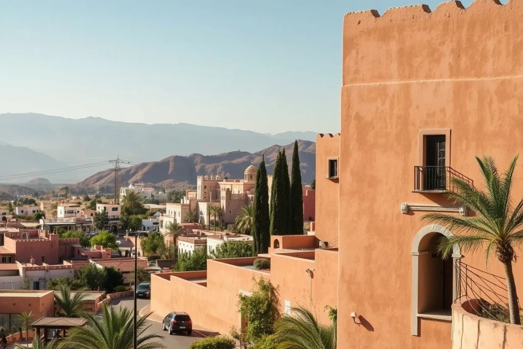A sunlit terracotta Moroccan settlement with palm trees, residential streets, and rugged mountains rising behind it, viewed
