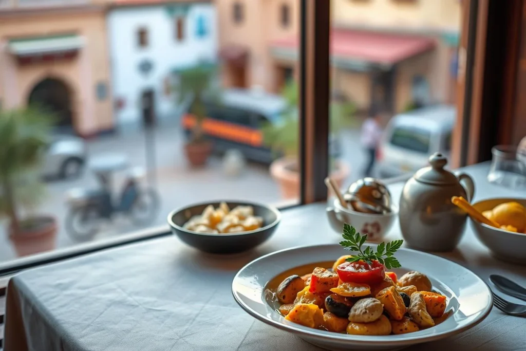 A plated dish of roasted vegetables sits on a white table in the foreground beside a Moroccan-style teapot, with a softly