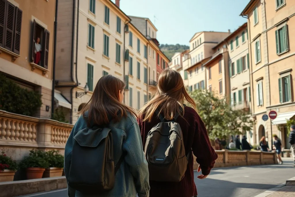 Two teenage girls seen from behind, carrying backpacks and walking through a sunlit European pedestrian street lined with