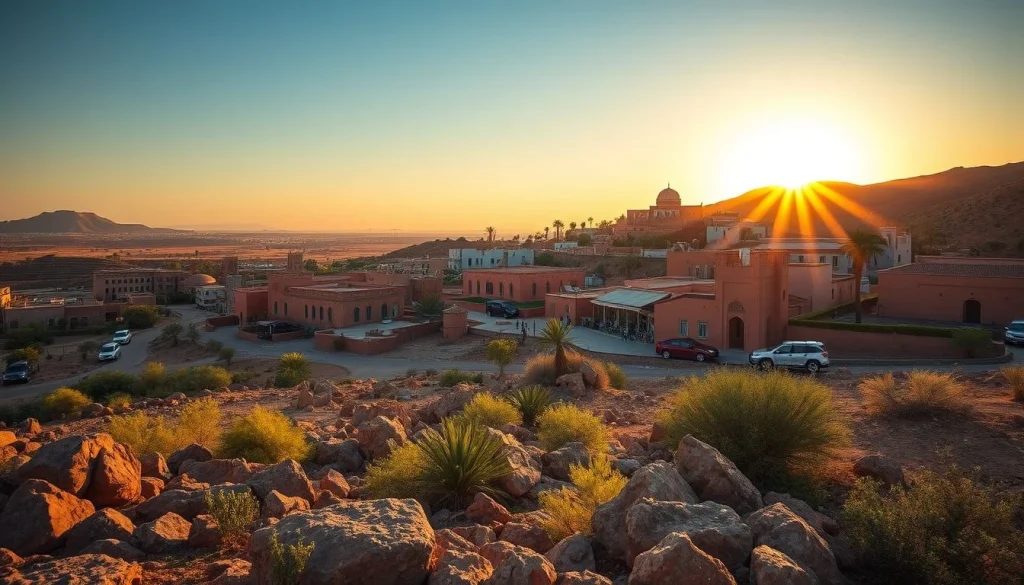 A golden-hour panoramic view of a rocky, arid Moroccan settlement with low-rise terracotta buildings, palm trees, roads