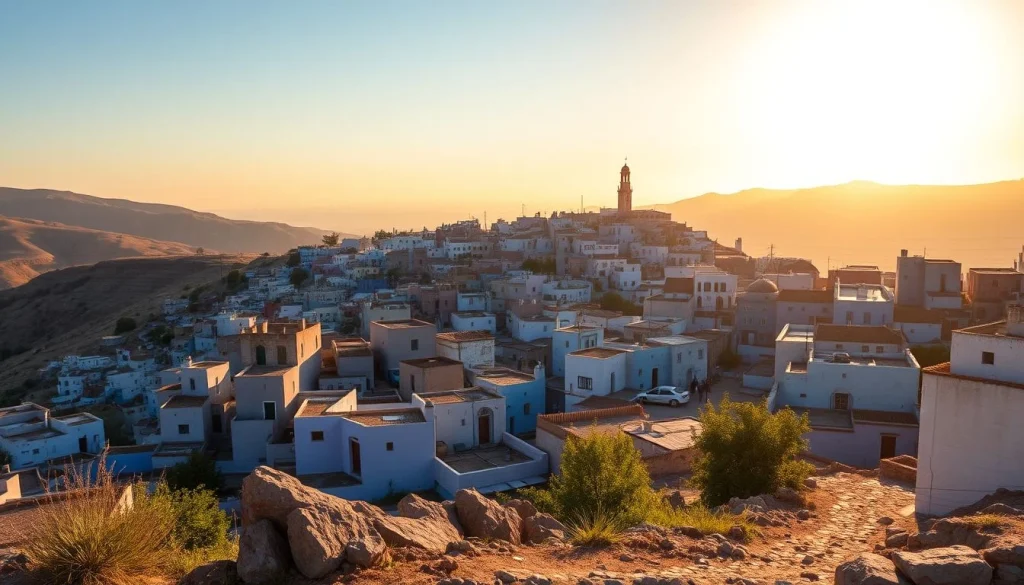 A blue-and-white Moroccan hillside town spreads across a rocky foreground beneath a low golden sun and dry rolling
