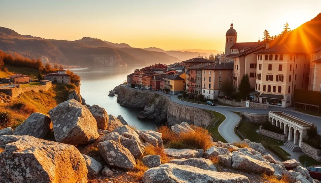 A golden-hour view from large foreground rocks across a calm alpine lake toward a compact European-looking village with a